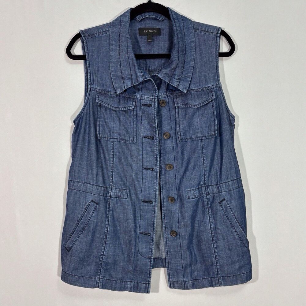 Talbots Blue Chambray Button Up Tunic Vest Small Pockets Cotton Linen Blend